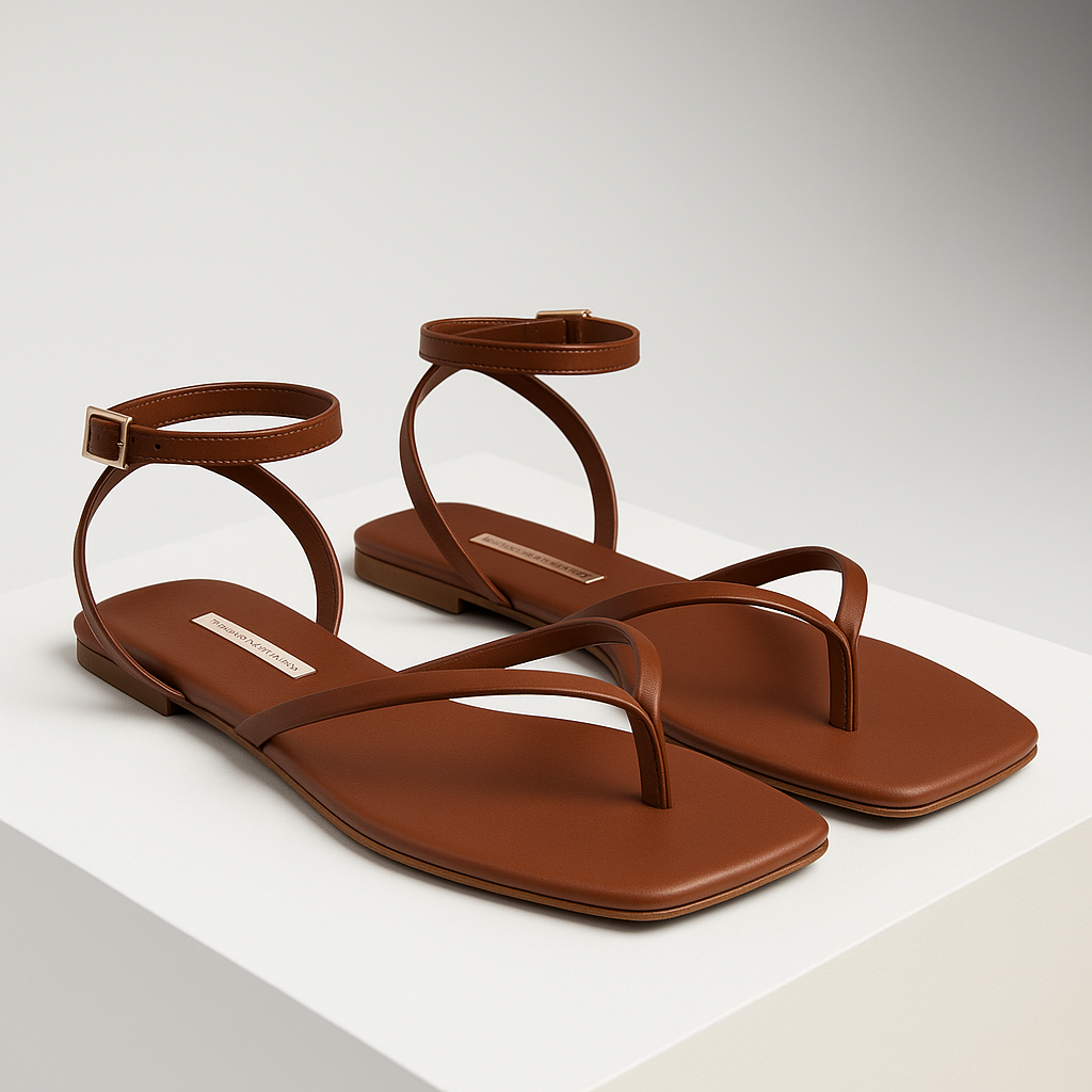 “Women Luxury Strip Sandal Slippers – Brown/Golden” ART 06