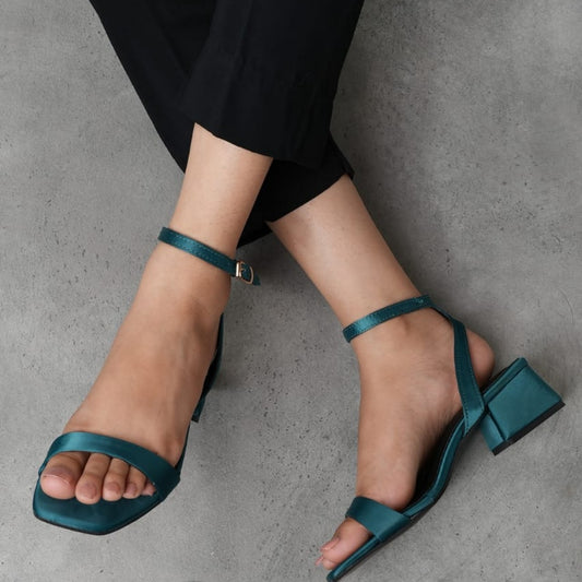 “Luxury Crumple Mid Block Heels – Golden & Sea Green.” ART 11