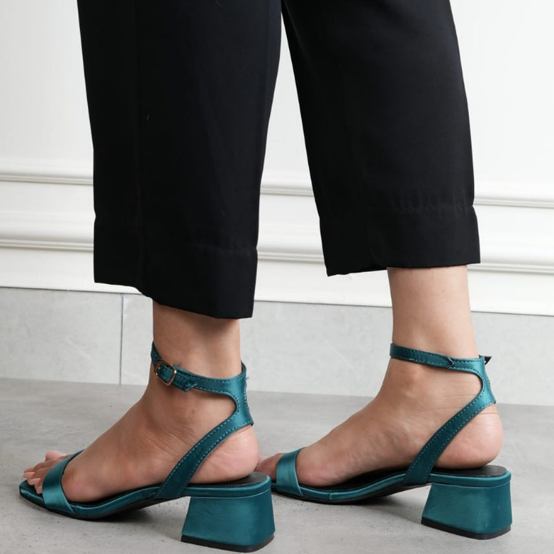 “Luxury Crumple Mid Block Heels – Golden & Sea Green.” ART 11