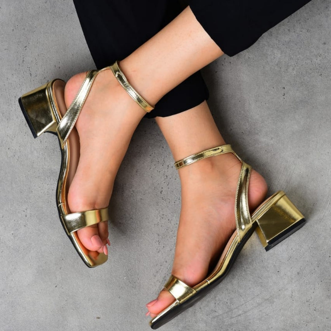 “Luxury Crumple Mid Block Heels – Golden & Sea Green.” ART 11