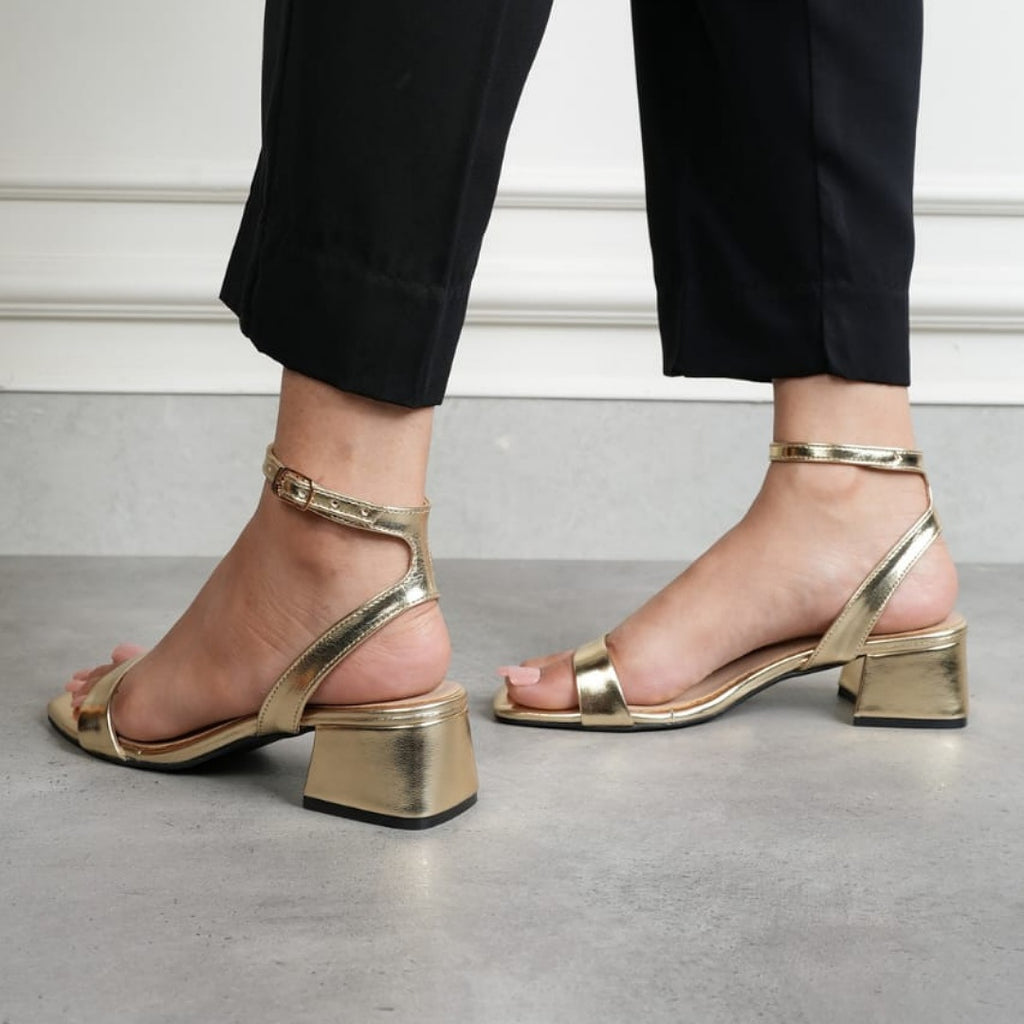 “Luxury Crumple Mid Block Heels – Golden & Sea Green.” ART 11