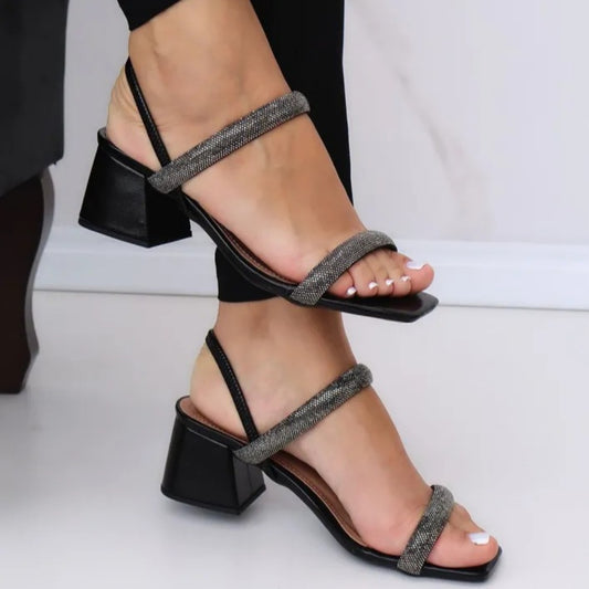 “Glamorous Rhinestone Block Heels – Stylish & Comfortable (Beige/Black/White)” ART 05