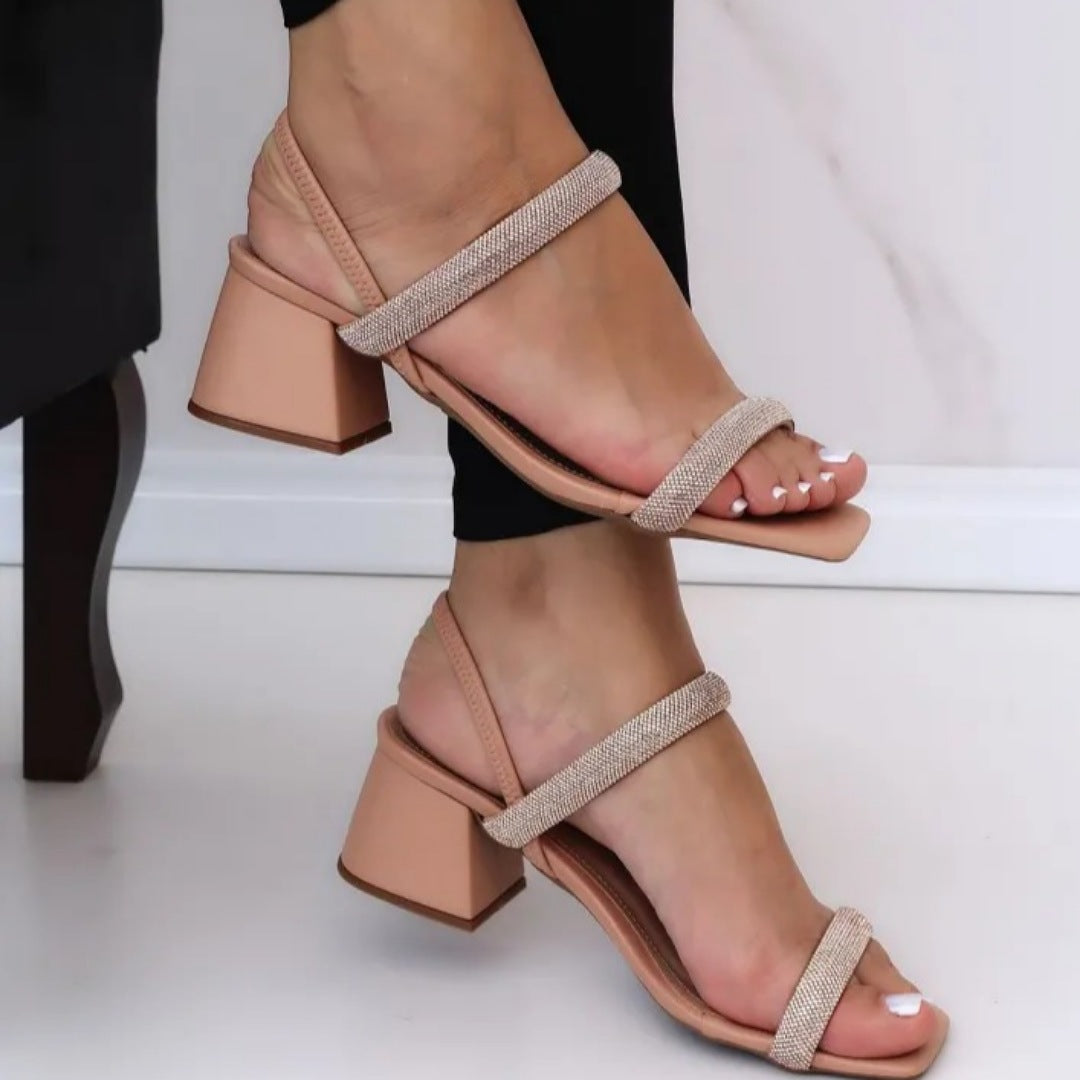 “Glamorous Rhinestone Block Heels – Stylish & Comfortable (Beige/Black/White)” ART 05