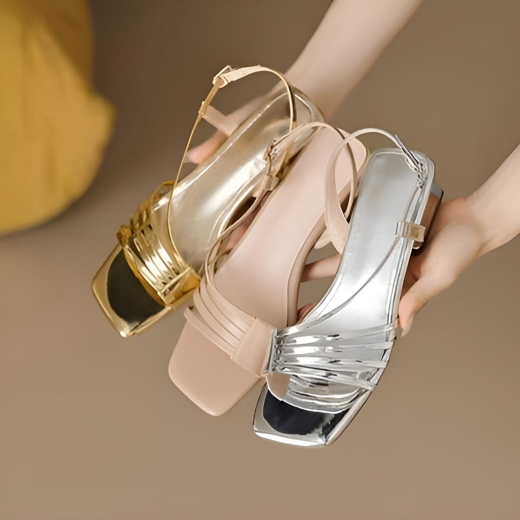 “Crumple Design Flat Block Heels – Silver/Beige/Golden.” ART 10